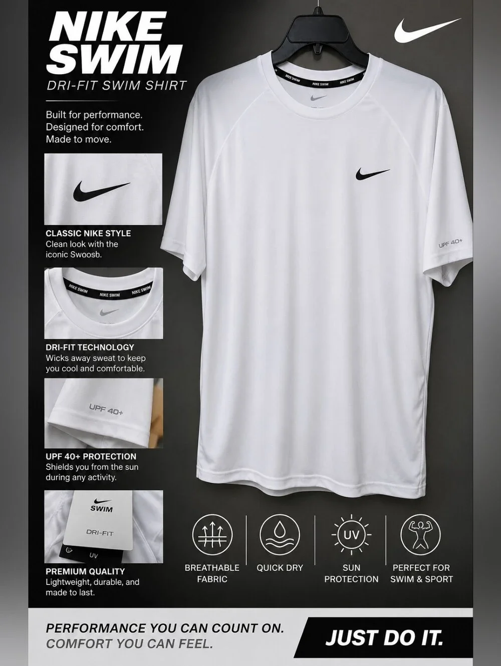 Nike White Dri-FIT Swim Polo Shirt with Black Swoosh